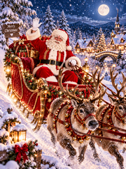 Kerstman in arrenslee met rendieren in sneeuw